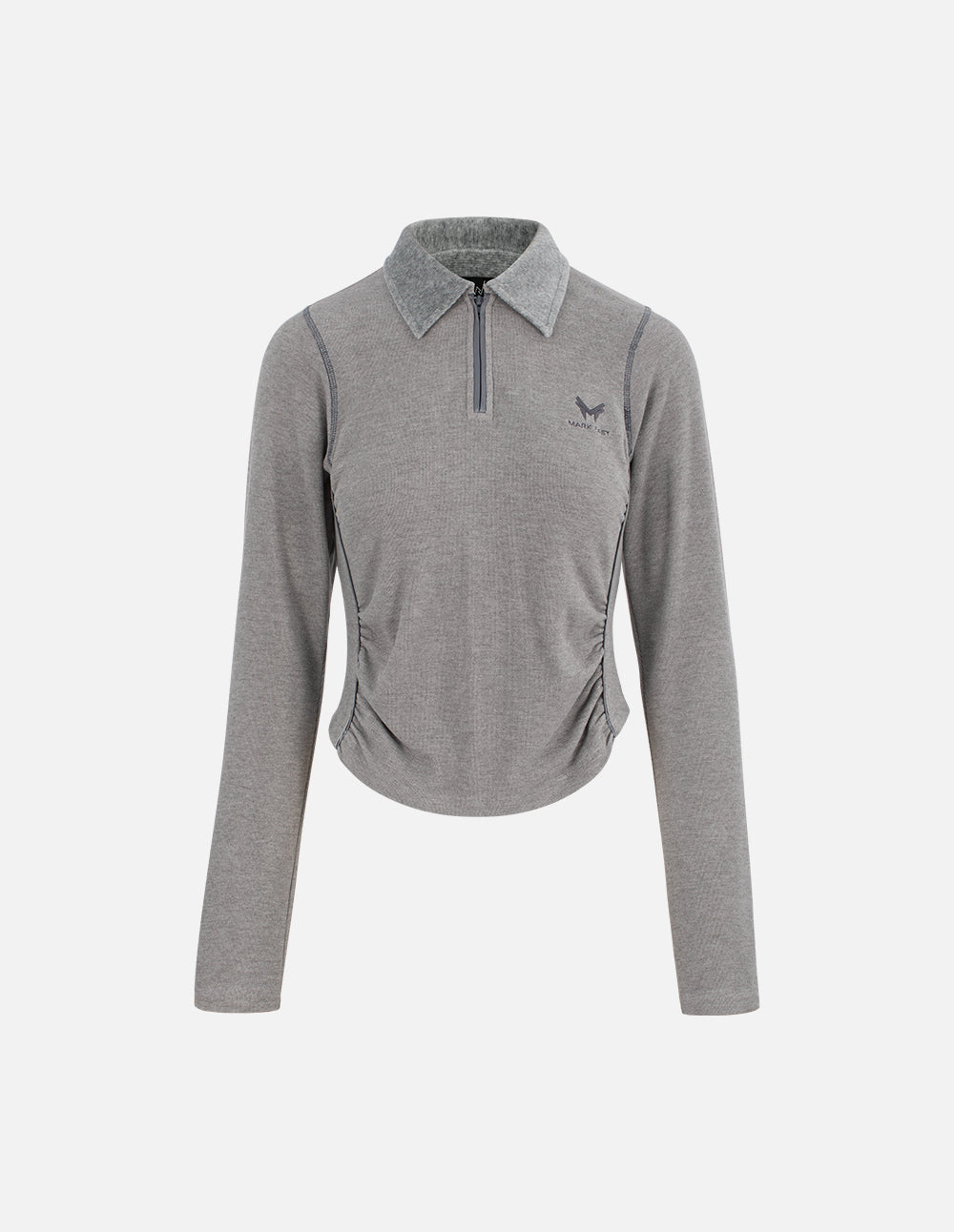 MF Collared Zipper Versatile Floral Gray Gathered Slim Waist Cropped Top