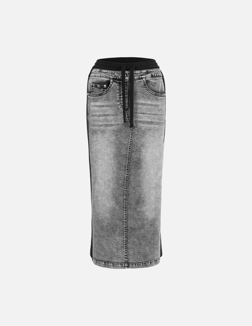 MF layered color-blocked washed long denim skirt