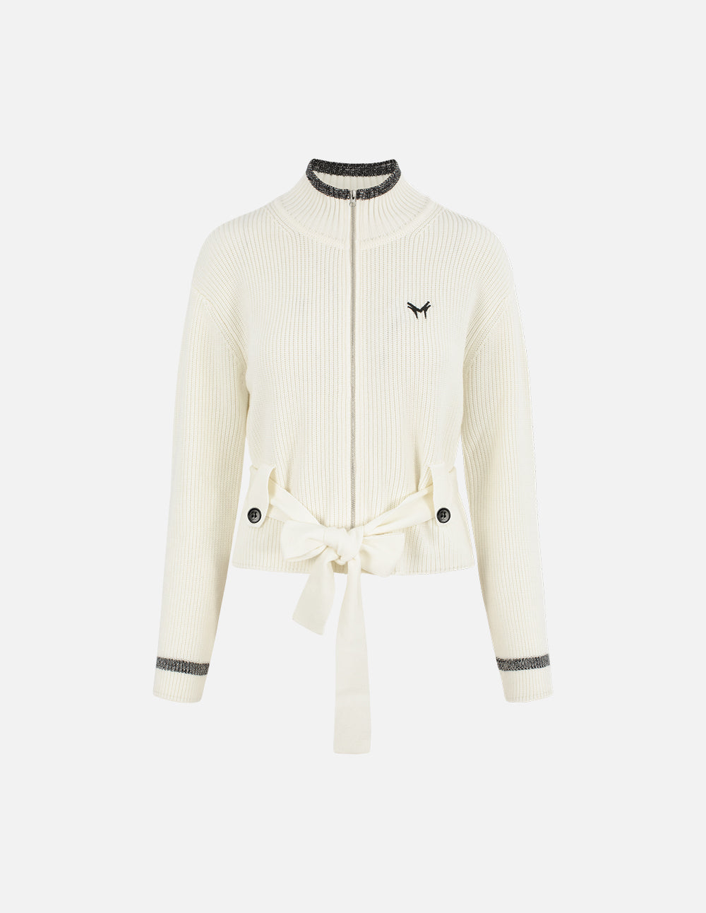MF Ribbed Stand Collar White Tie-Waist Cardigan