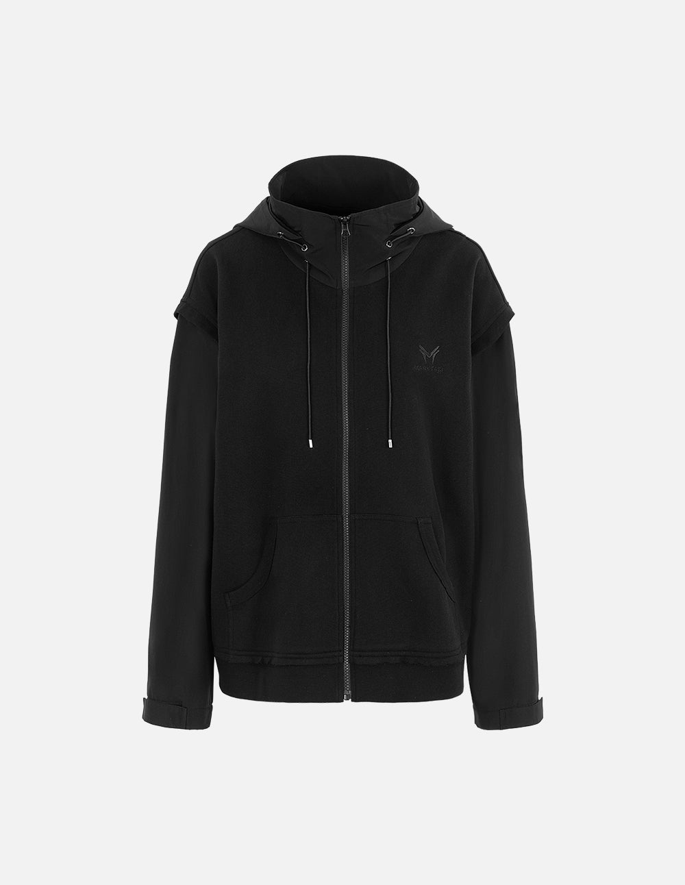 MF Hooded Drawstring Zipper Layered Loose Black Jacket