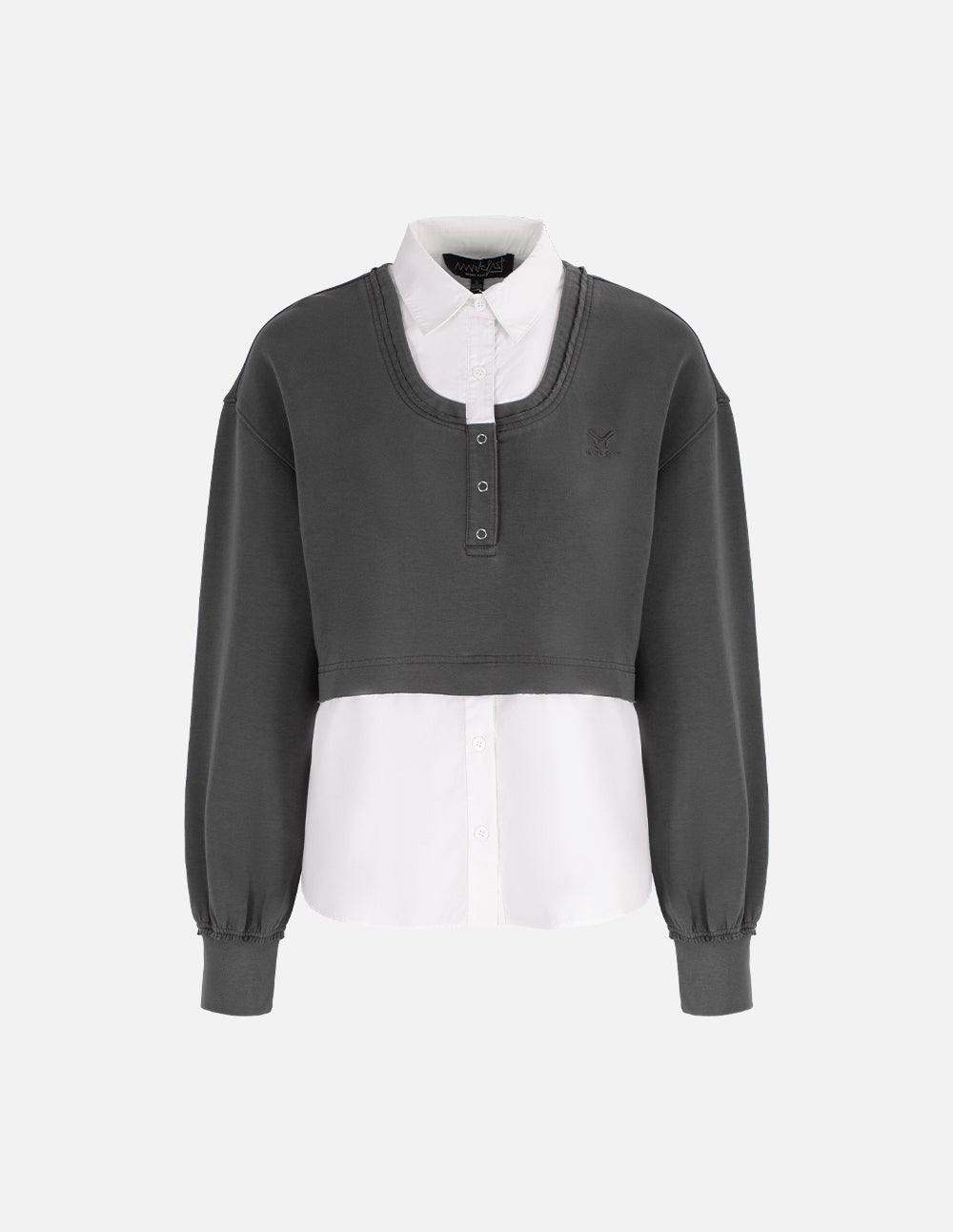 MF college style needlepoint stitching space gray contrast white shirt