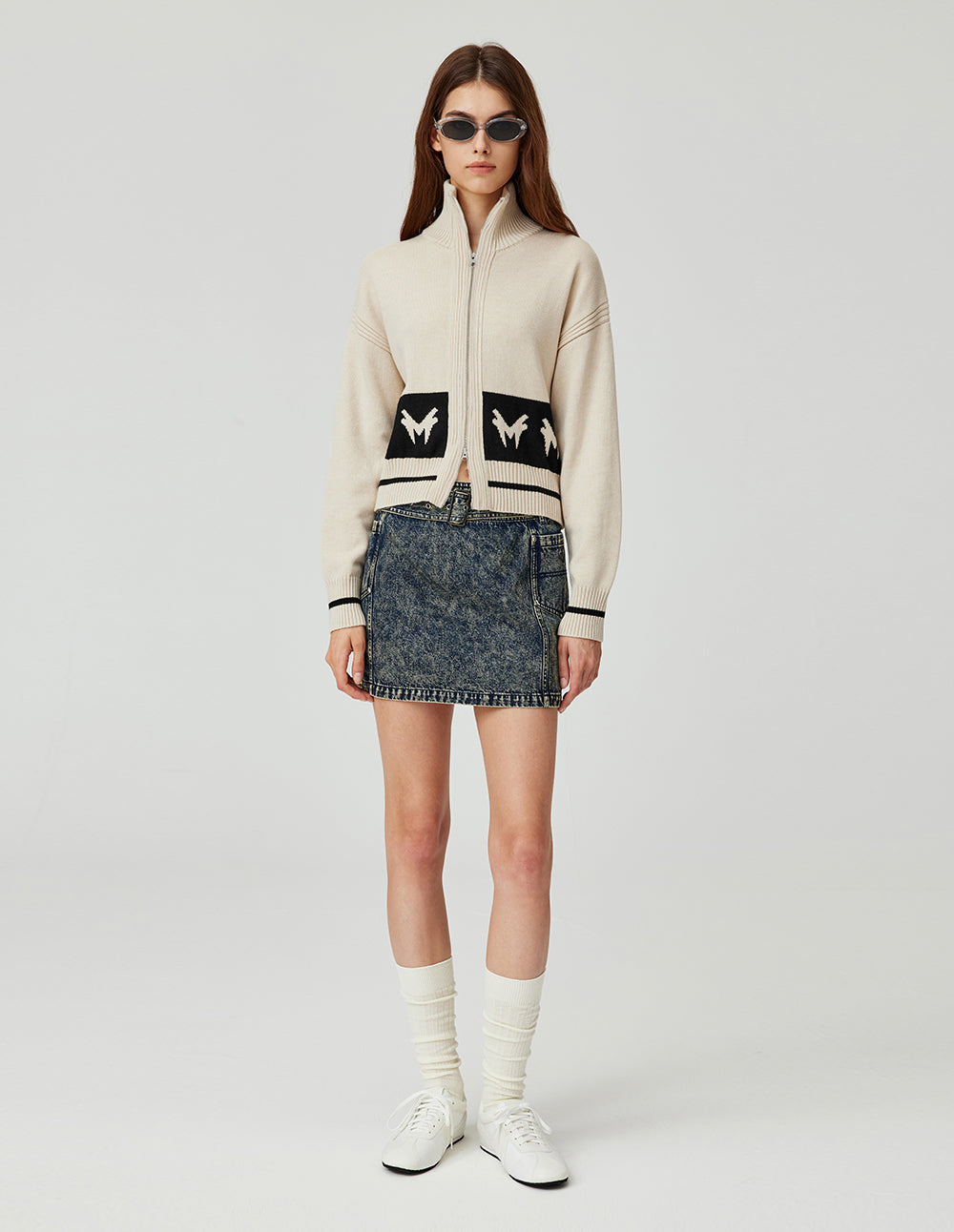 MF light beige ribbed stand collar zipper patchwork monster print knit open front