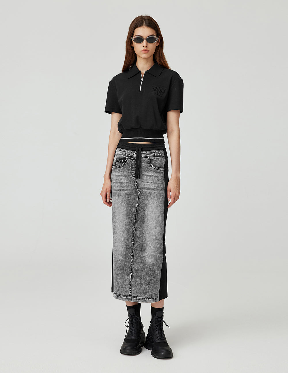 MF layered color-blocked washed long denim skirt