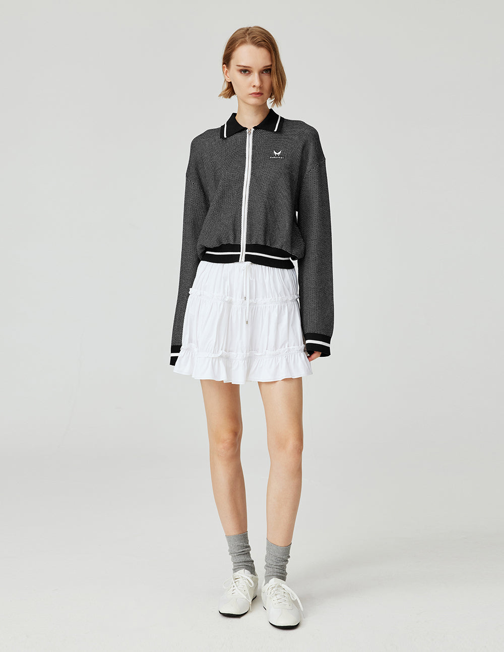 MF contrast color polo lapel zipper ribbed knitted cardigan