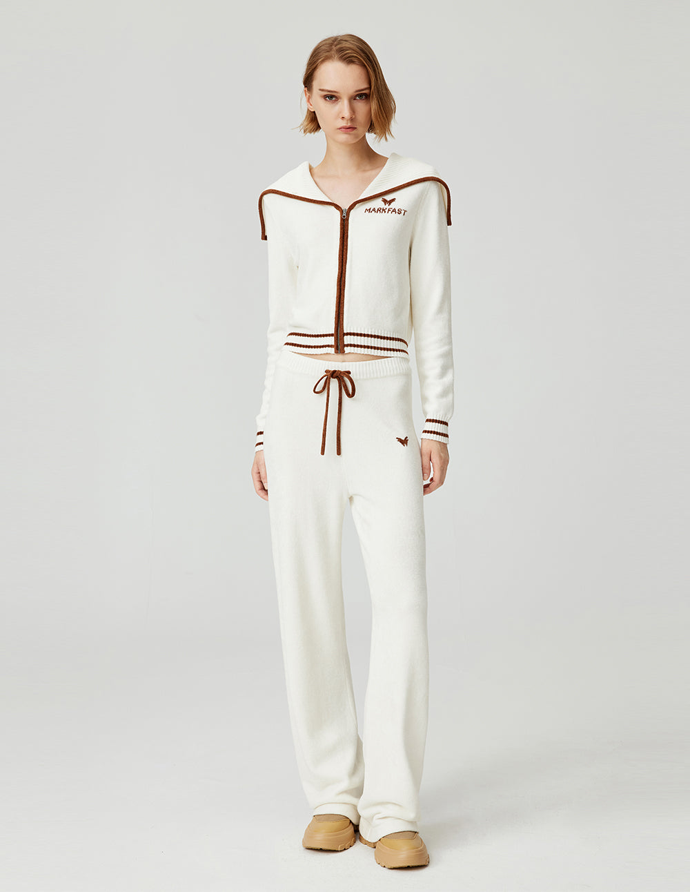 MF Gray Olive Green Contrast Elastic Ribbed Waist Lapel Knitted Pant