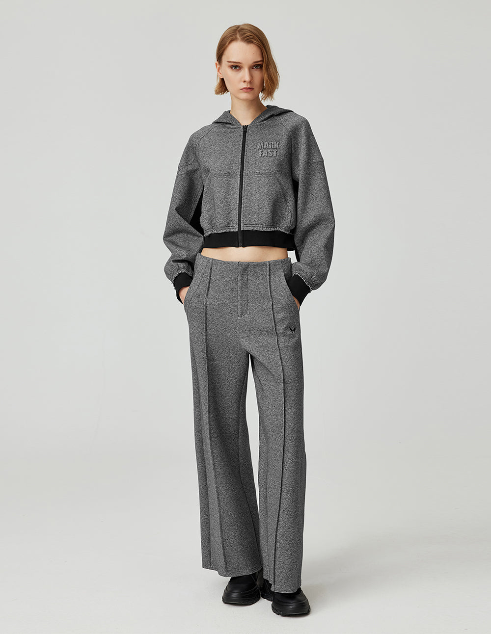 MF floral grey contrast elastic thread hooded zip-up sweatshirt jacket