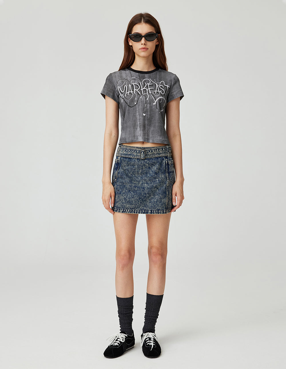 MF dark blue washed wide belt short A-line denim skirt