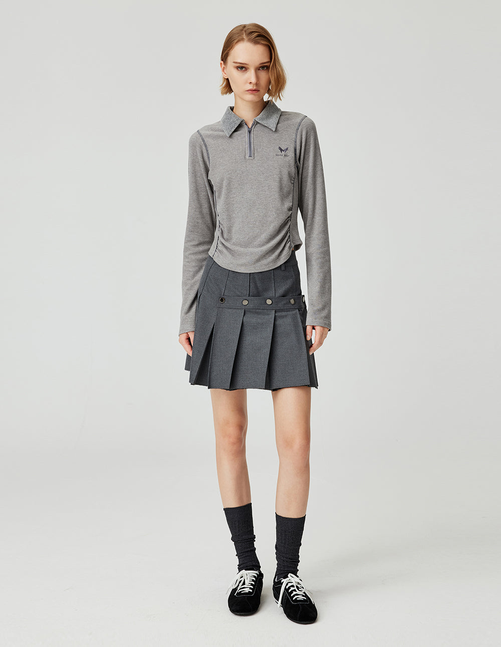 MF Collared Zipper Versatile Floral Gray Gathered Slim Waist Cropped Top