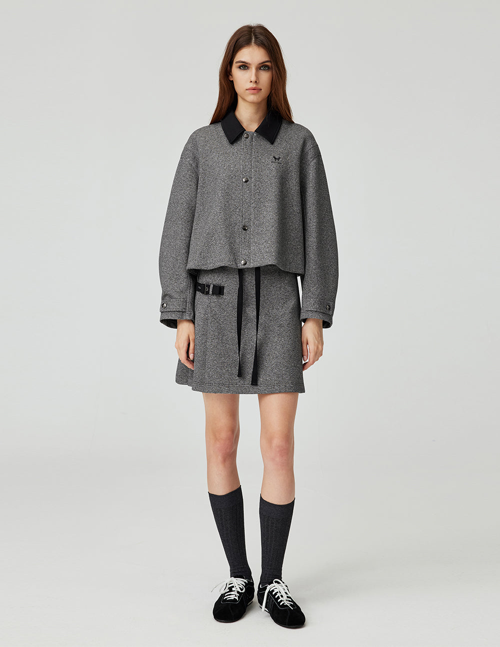 MF belt buckle pleated splicing super short A-line skirt