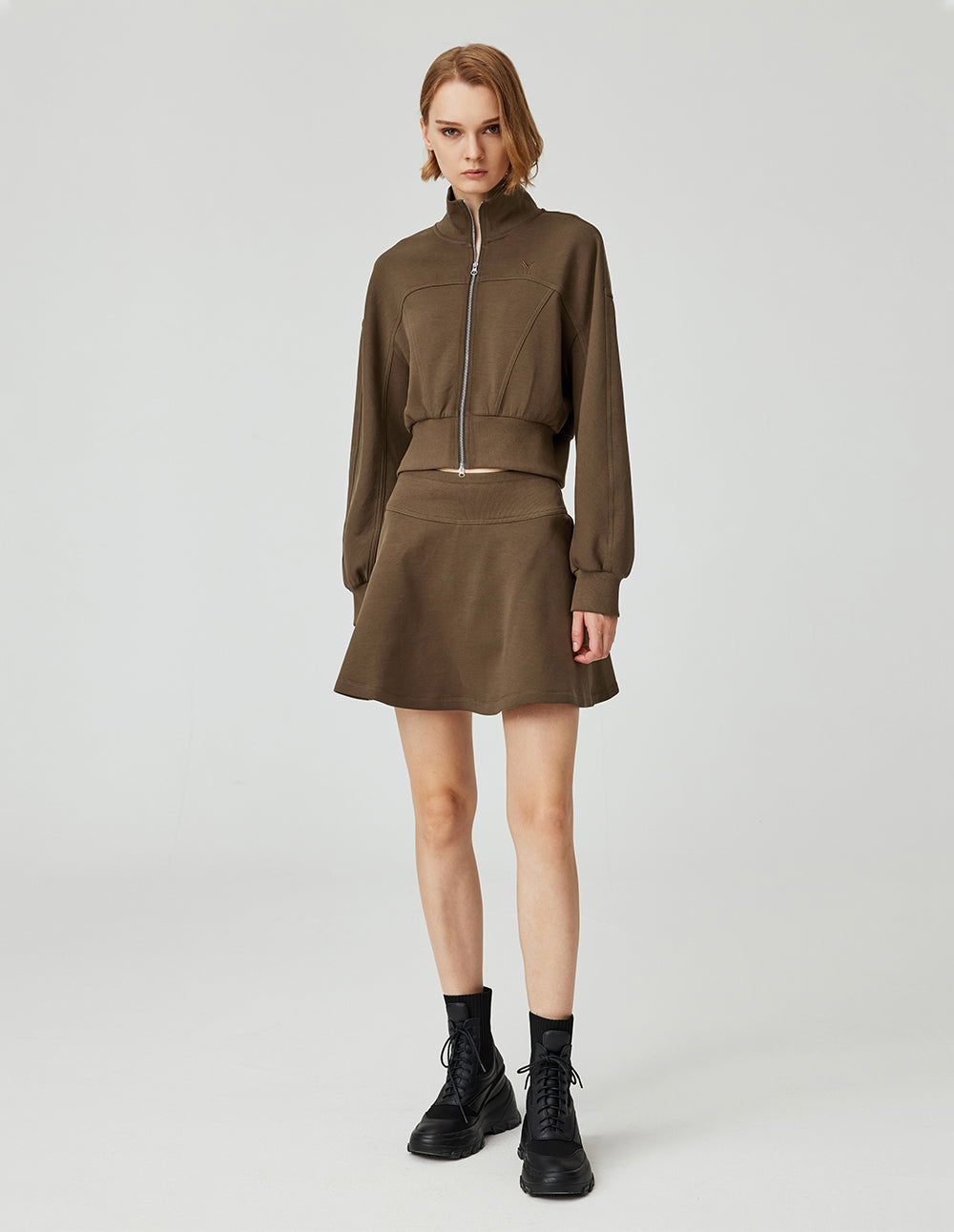 MF saddle brown threaded waist simple A-line short skirt