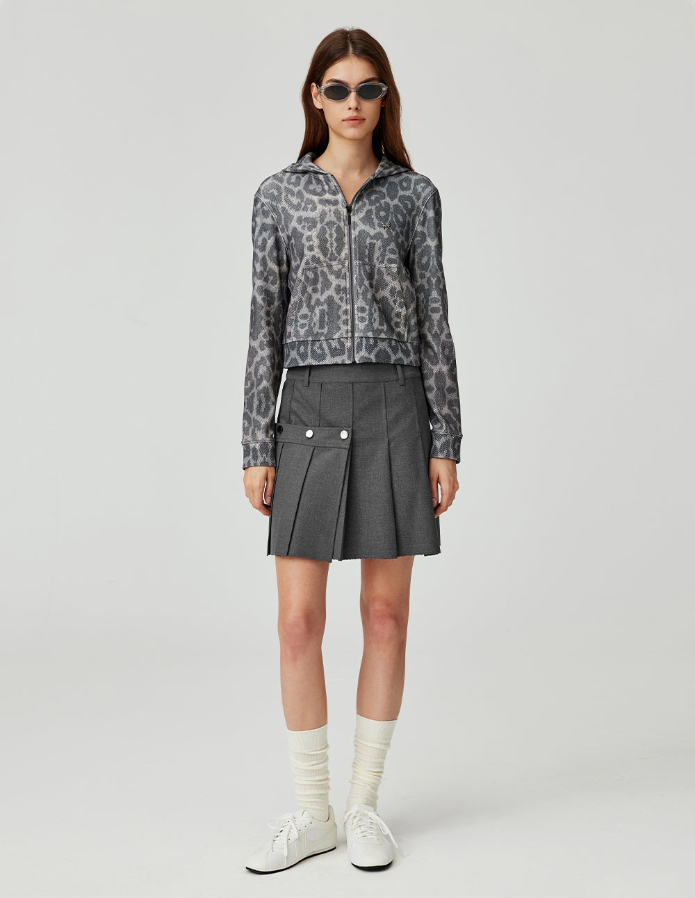 MF vintage grey leopard print hooded zip-up jacket