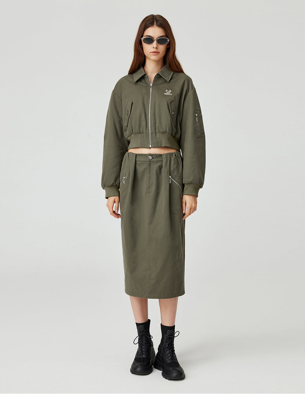 MF Retro Grey Olive Green Lapel Flight Jacket Short Cotton Jacket