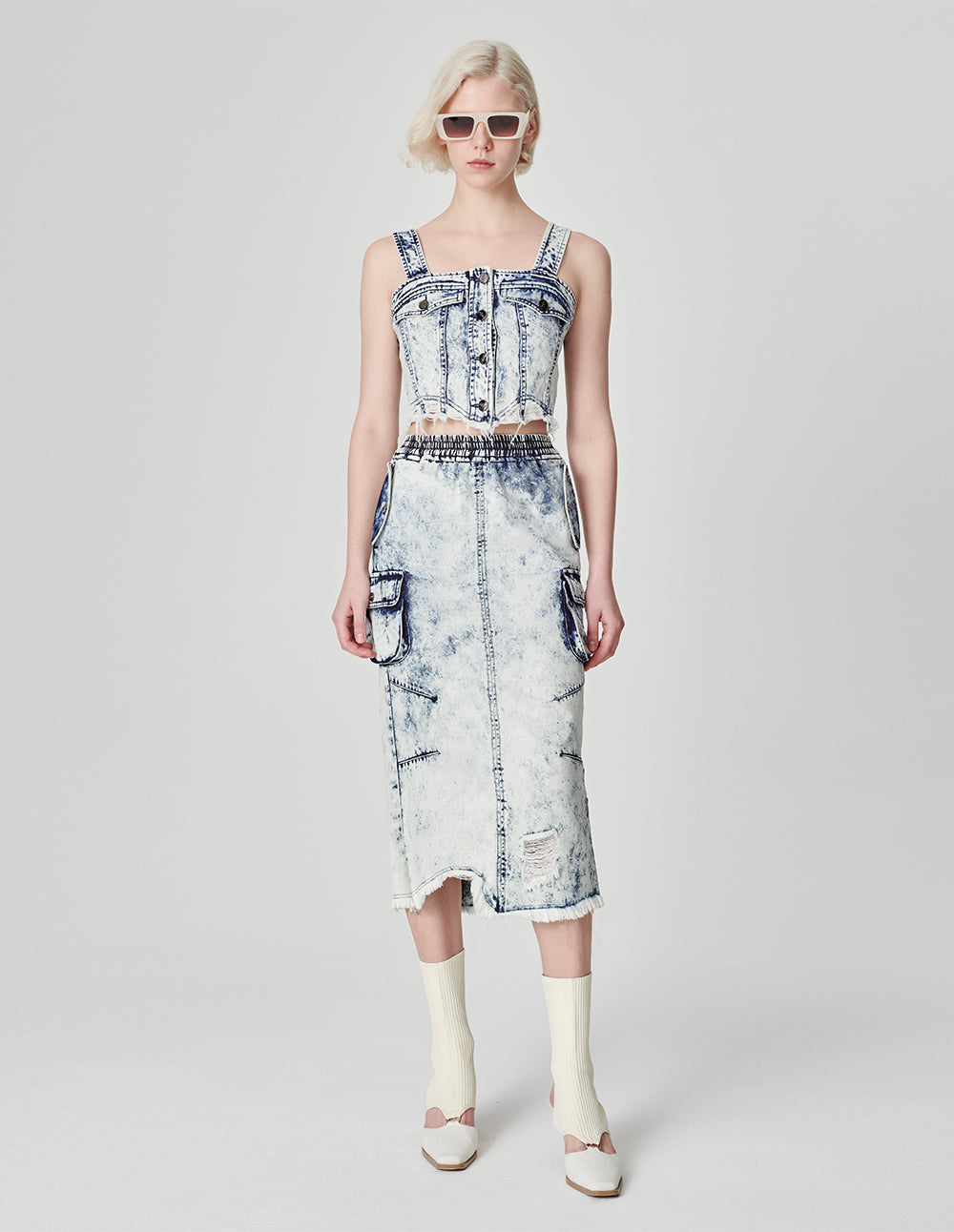 Women's Bleached Double Pocket Denim Skirt