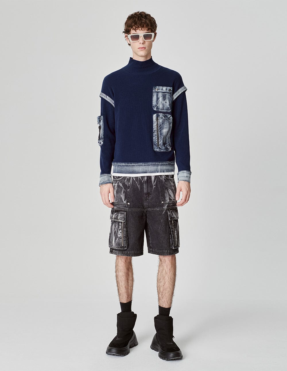 Men's Cotton Patchwork Denim Knitted Pullover