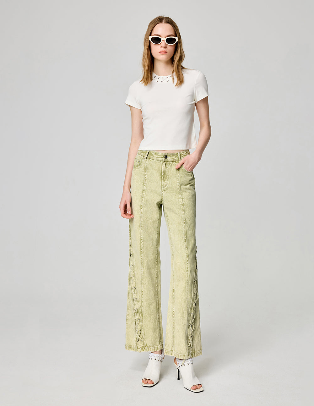 Women's Olive Green Bootcut Wide Leg Jeans