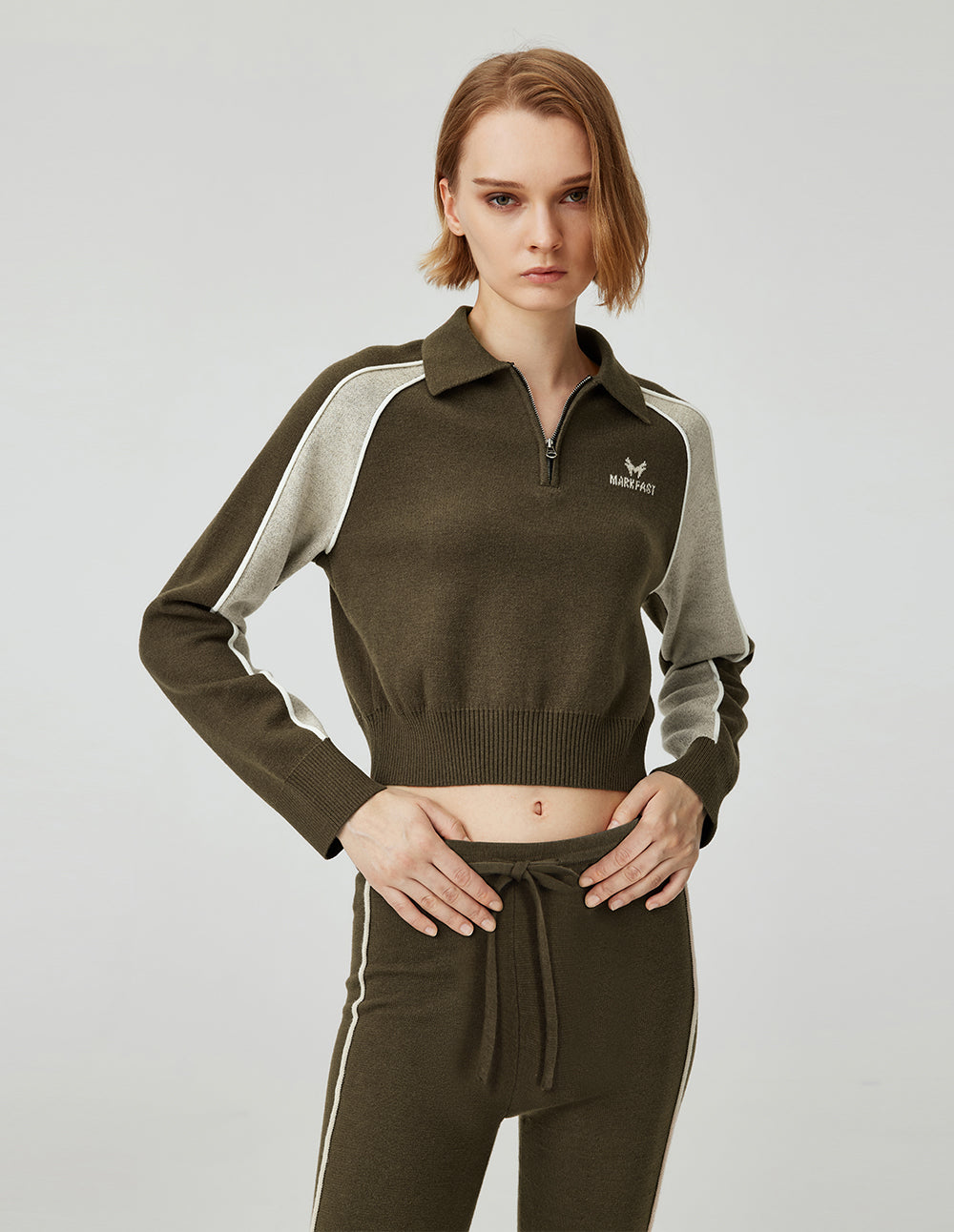 MF gray olive green contrast elastic ribbed waist lapel knitted sweatshirt