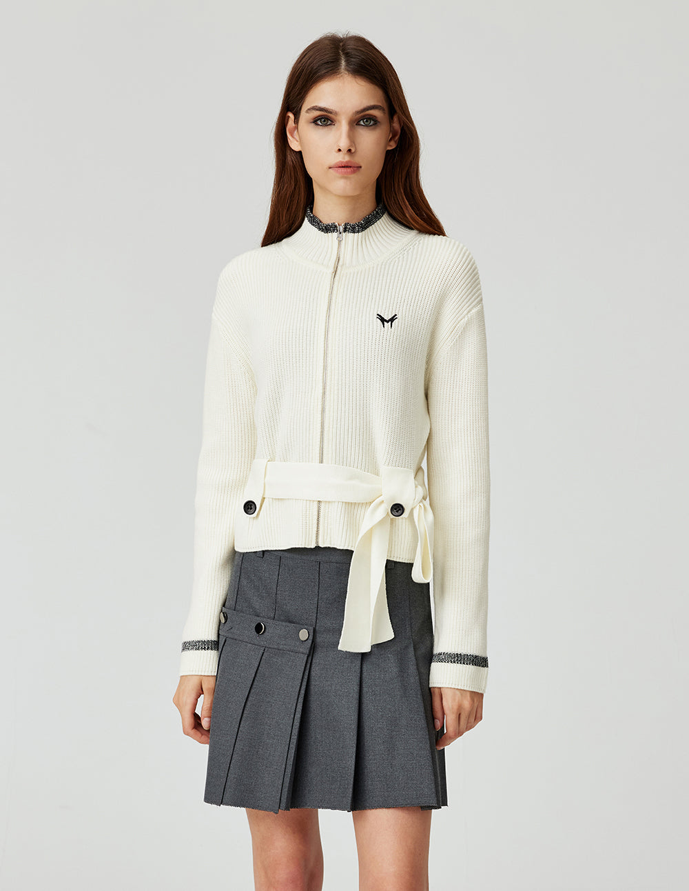 MF Ribbed Stand Collar White Tie-Waist Cardigan