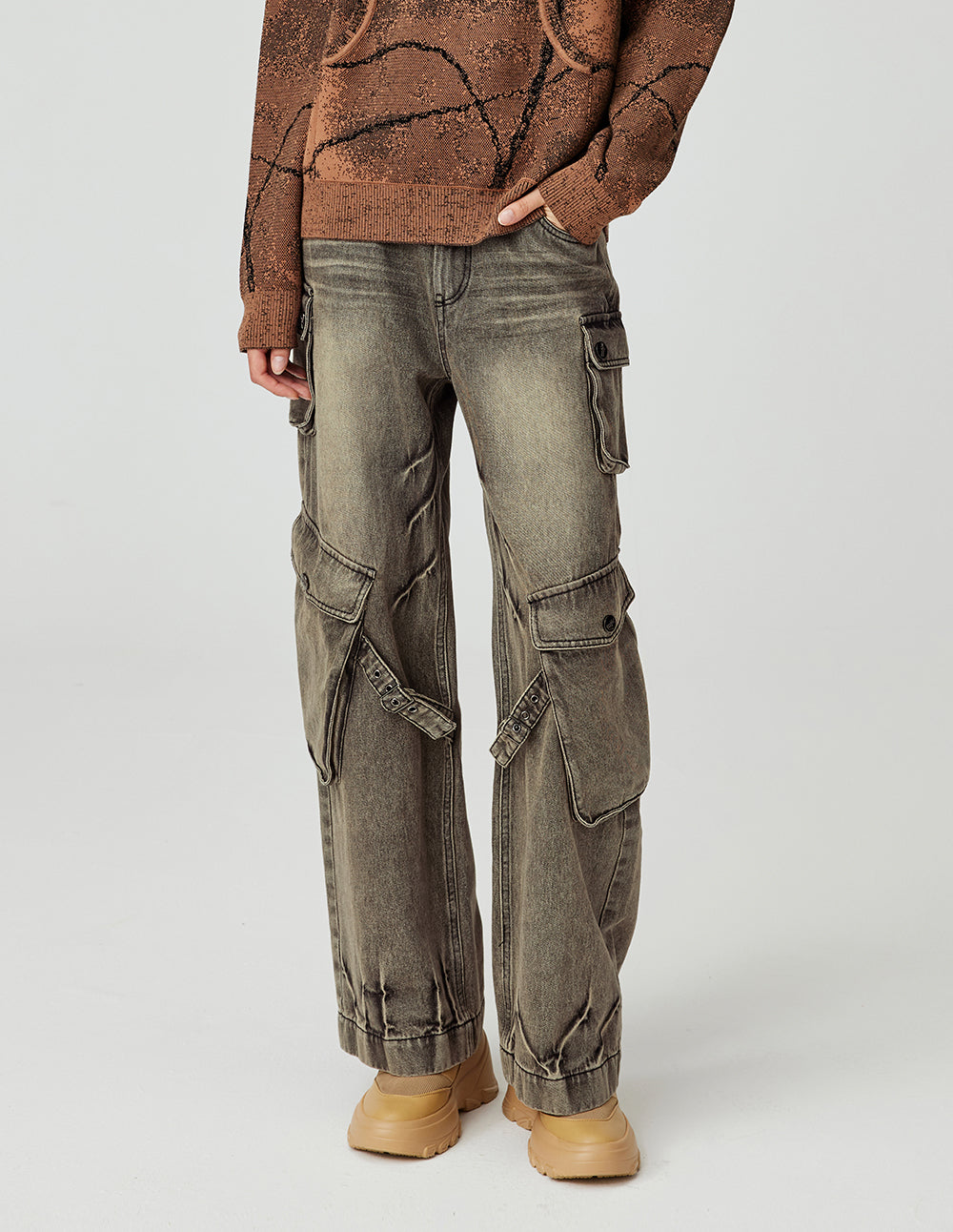 MF Artistic Multi-Pocket Three-Dimensional Pinch Pleat Loose Washed Jeans