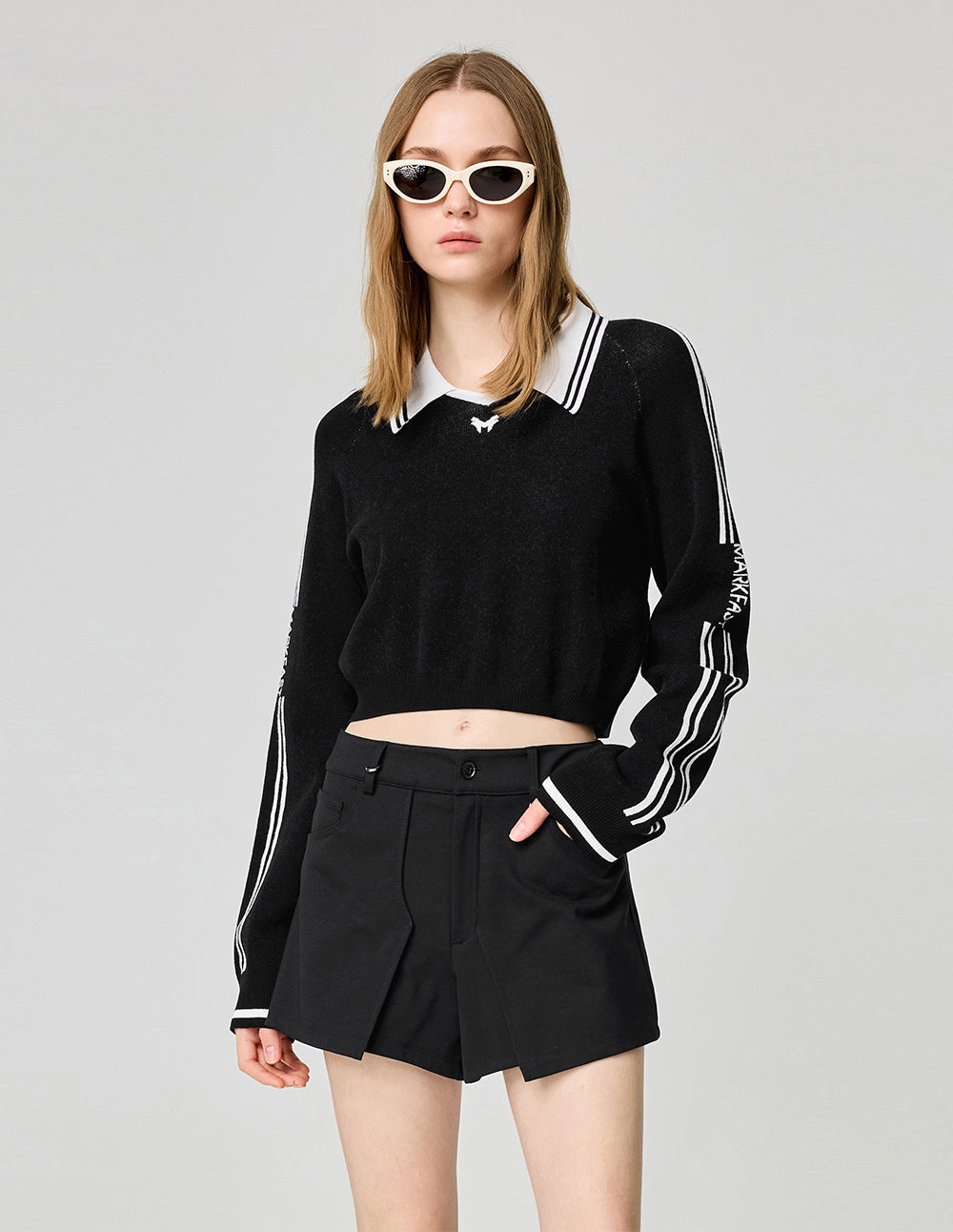 Women's Black Lapel Sports Knit Pullover