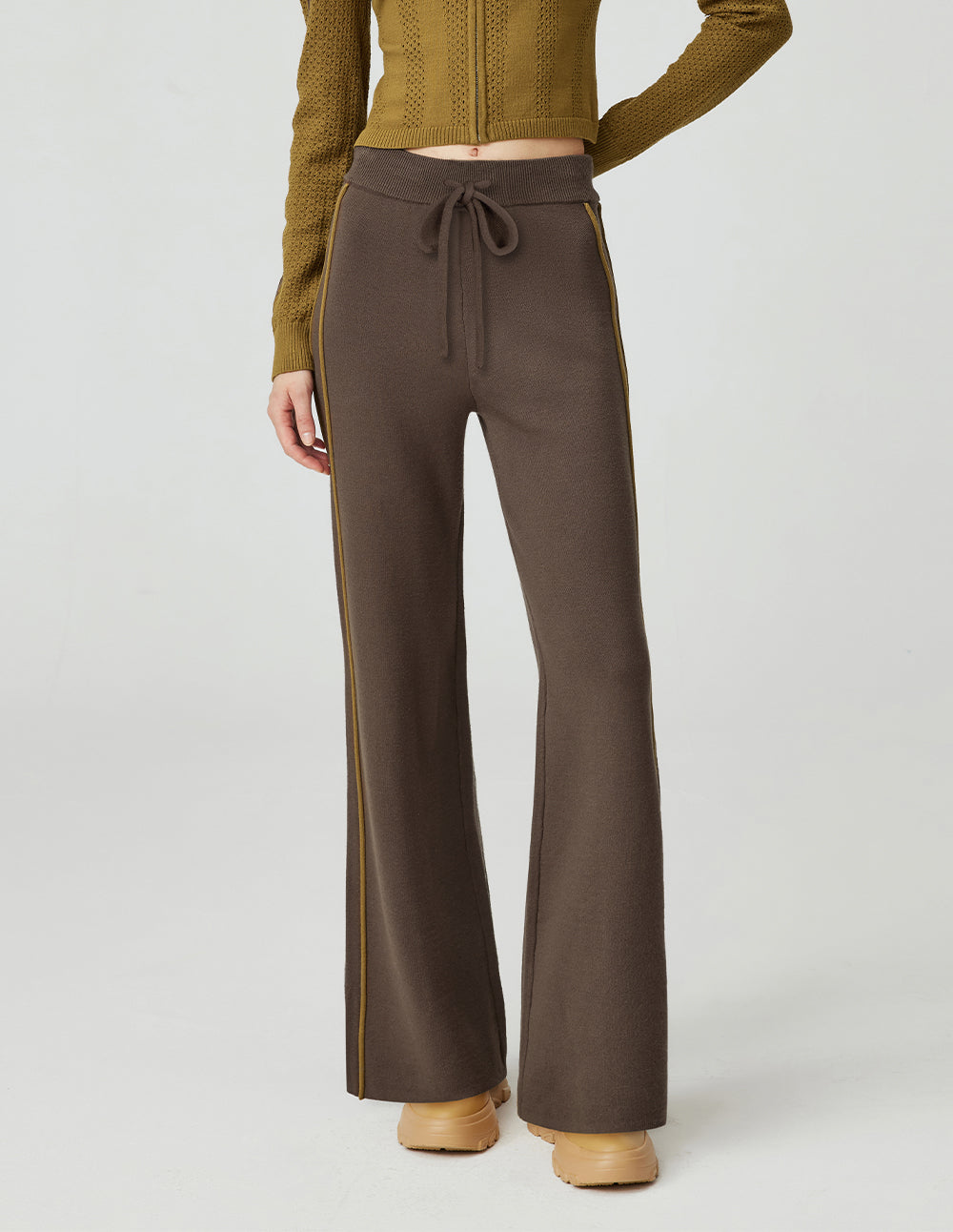 MF side stripe elastic waist tie straight-leg knit trousers