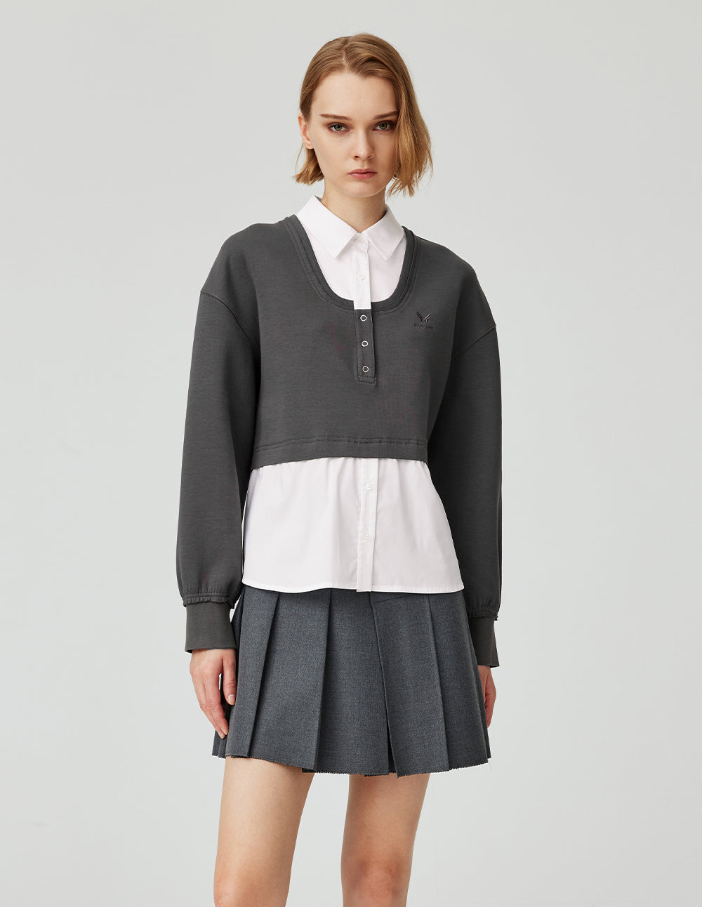 MF college style needlepoint stitching space gray contrast white shirt