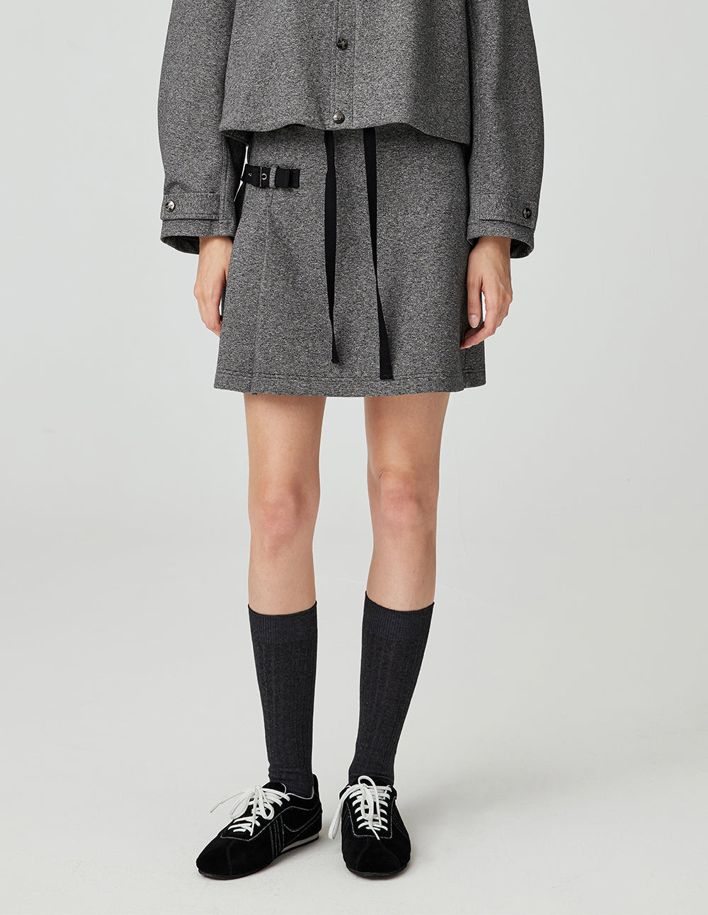 MF belt buckle pleated splicing super short A-line skirt