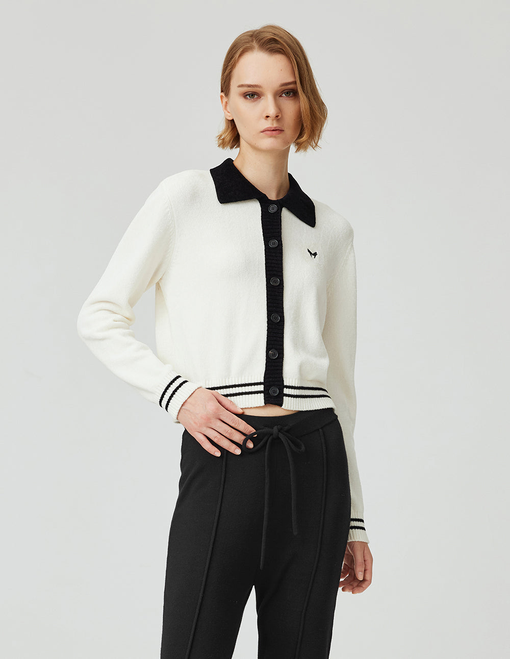 MF Loose Versatile Lapel Polo Style Beige Knitted Pullover