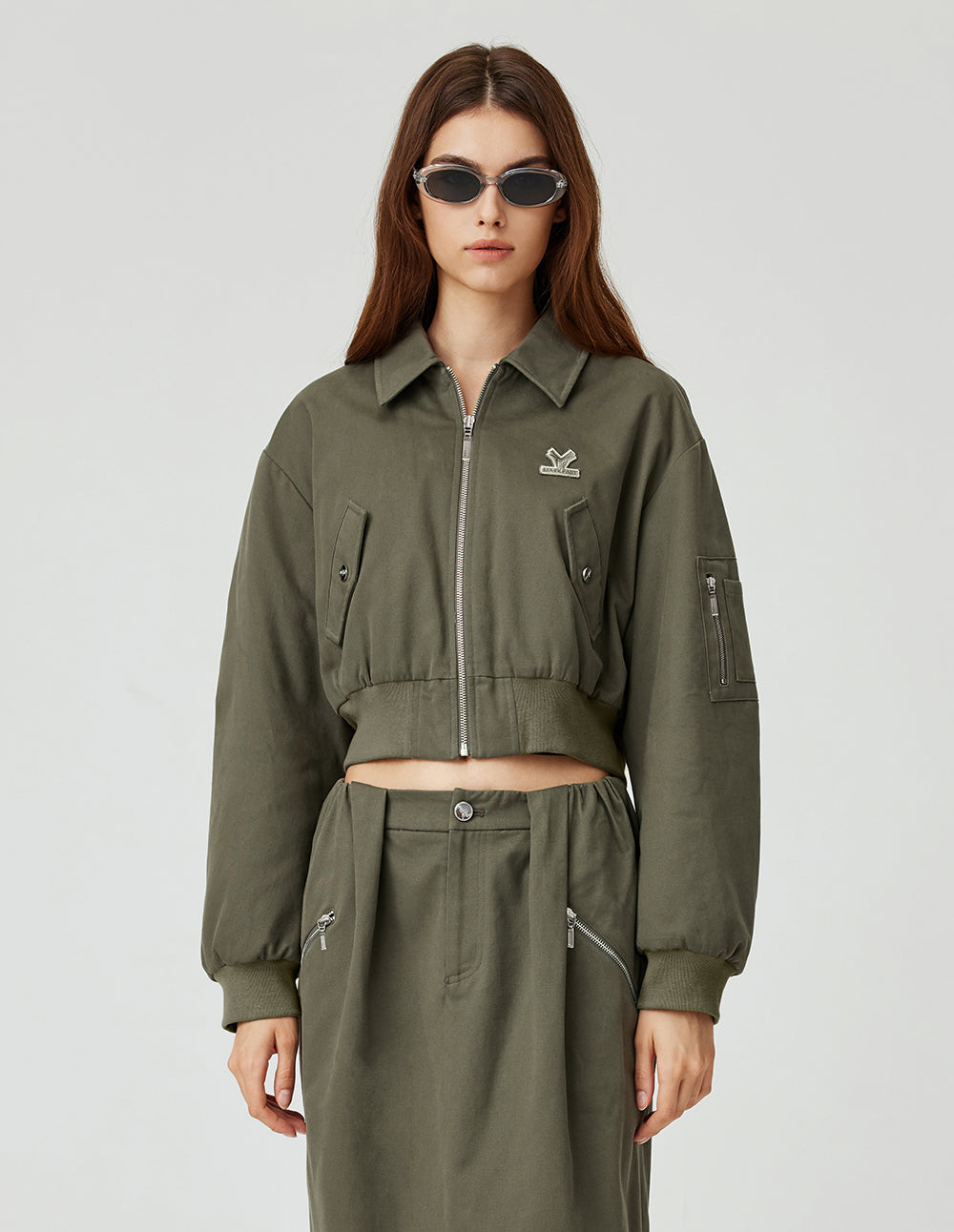 MF Retro Grey Olive Green Lapel Flight Jacket Short Cotton Jacket