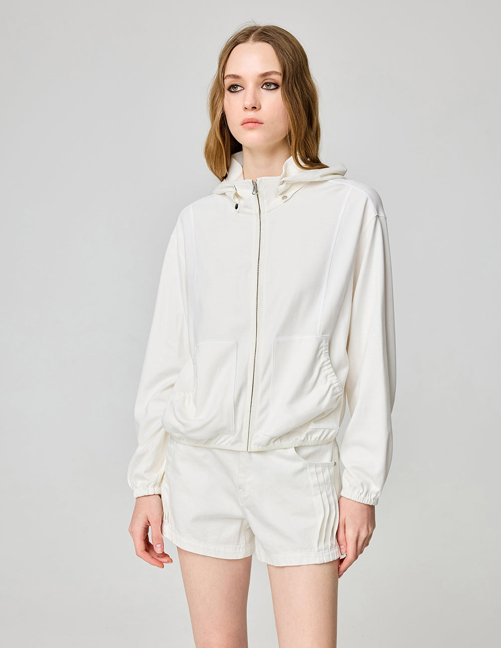 Women's White Turtleneck Zipper Casual Jacket