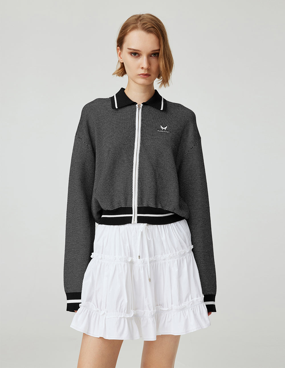 MF contrast color polo lapel zipper ribbed knitted cardigan