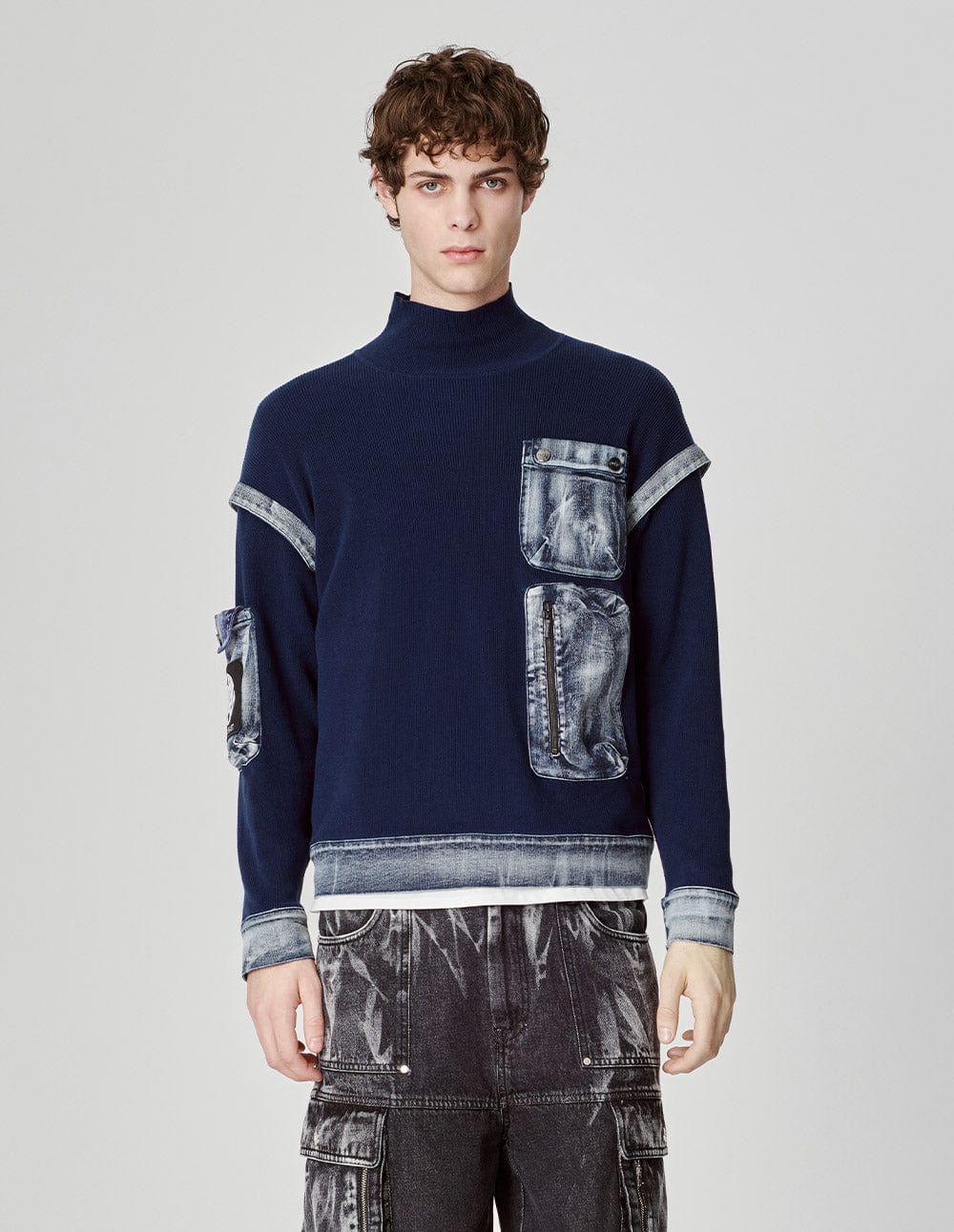 Men's Cotton Patchwork Denim Knitted Pullover