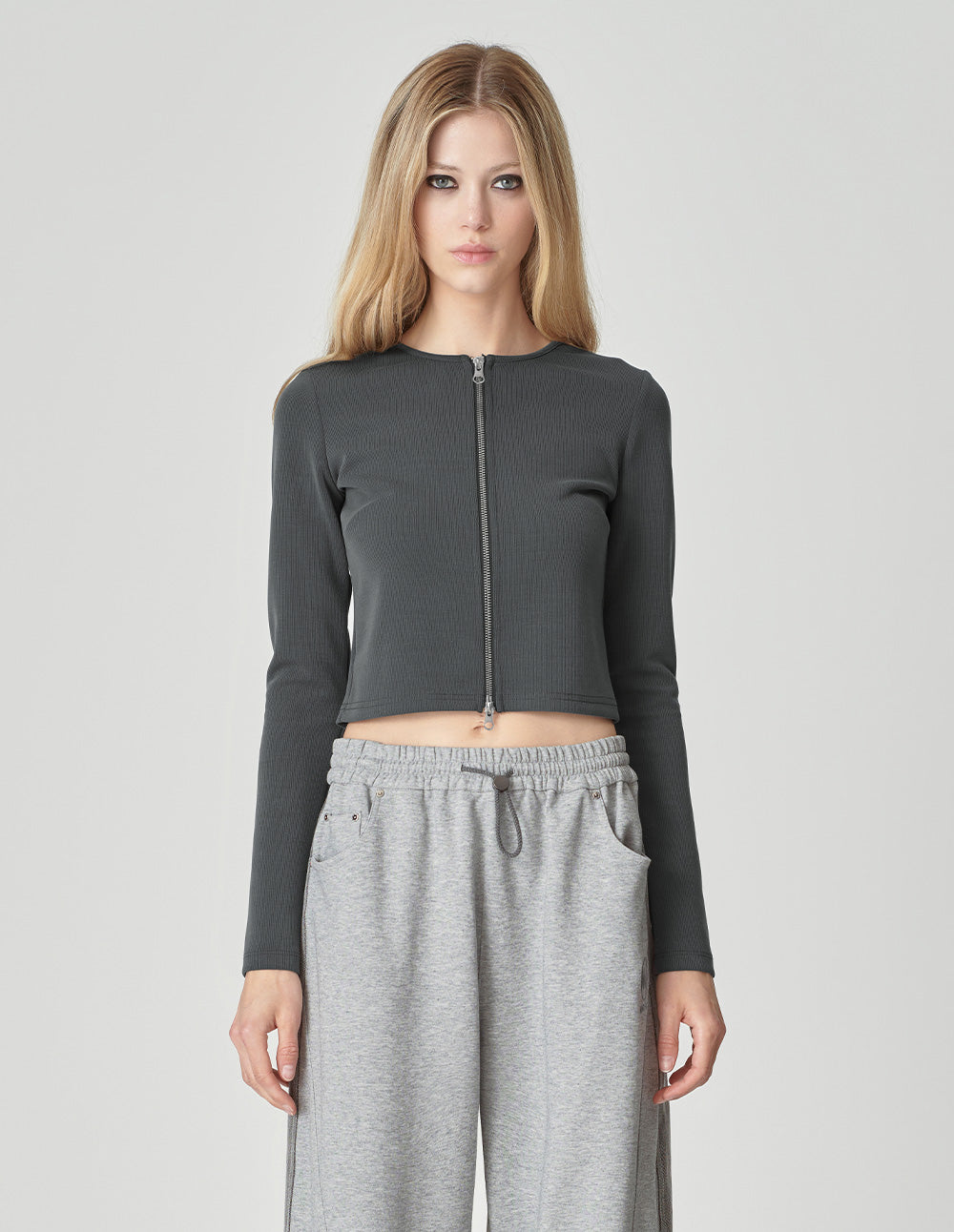 Ladies Simple Dark Gray Zipper Top