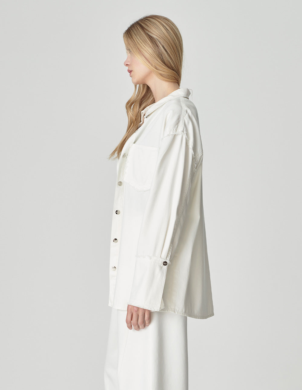 Women's White Long Sleeve Washed Denim Shirt