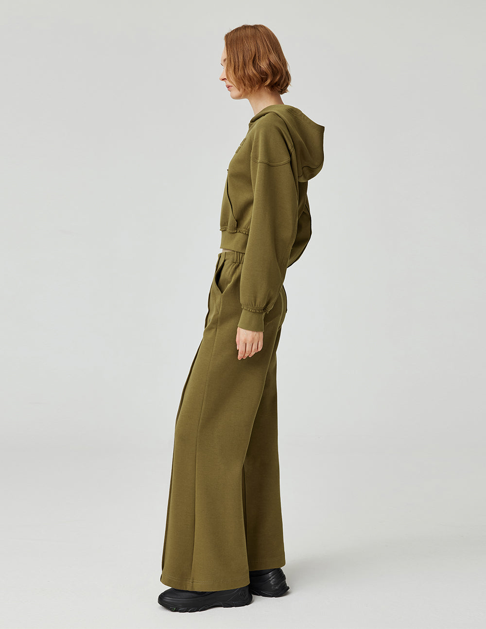 MF Pleated Ruffled Olive Green Threaded Sweatshirt