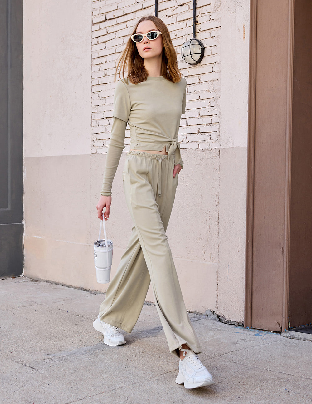 Ladies Fake Two Piece Light Brown Strappy Sweater