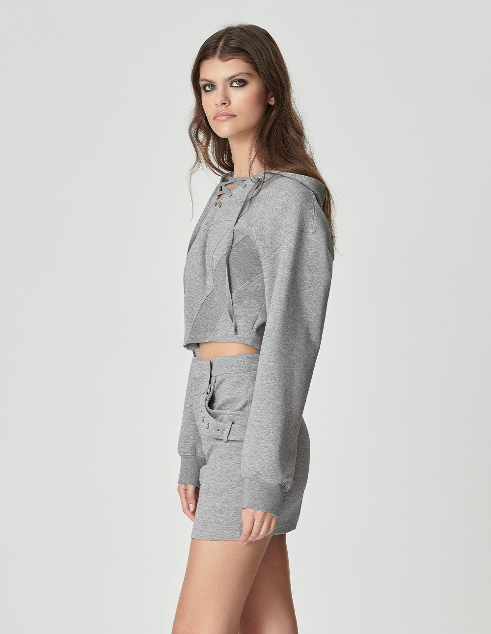 Women's Gray Hooded Short Sweatshirt