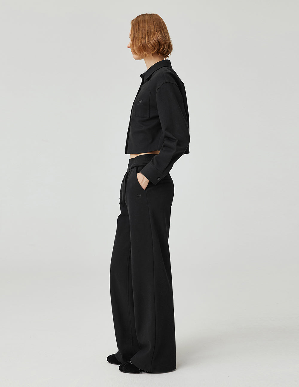 MF versatile collared high-waisted H-line cotton black shirt