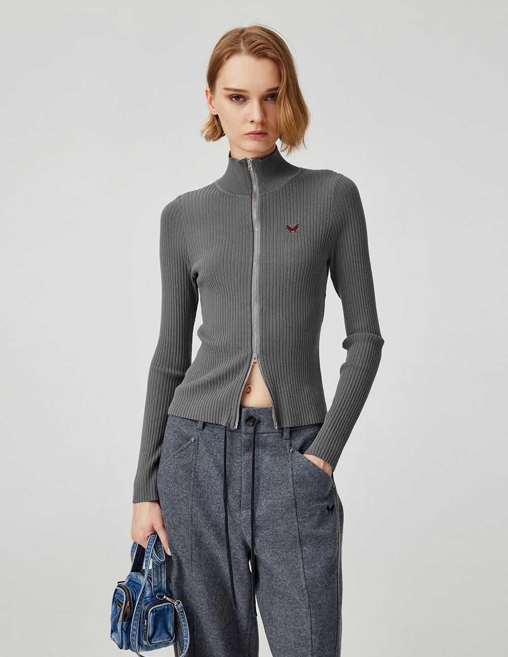 MF high-grade gray turtleneck double-opening zipper slimming versatile knitted cardigan