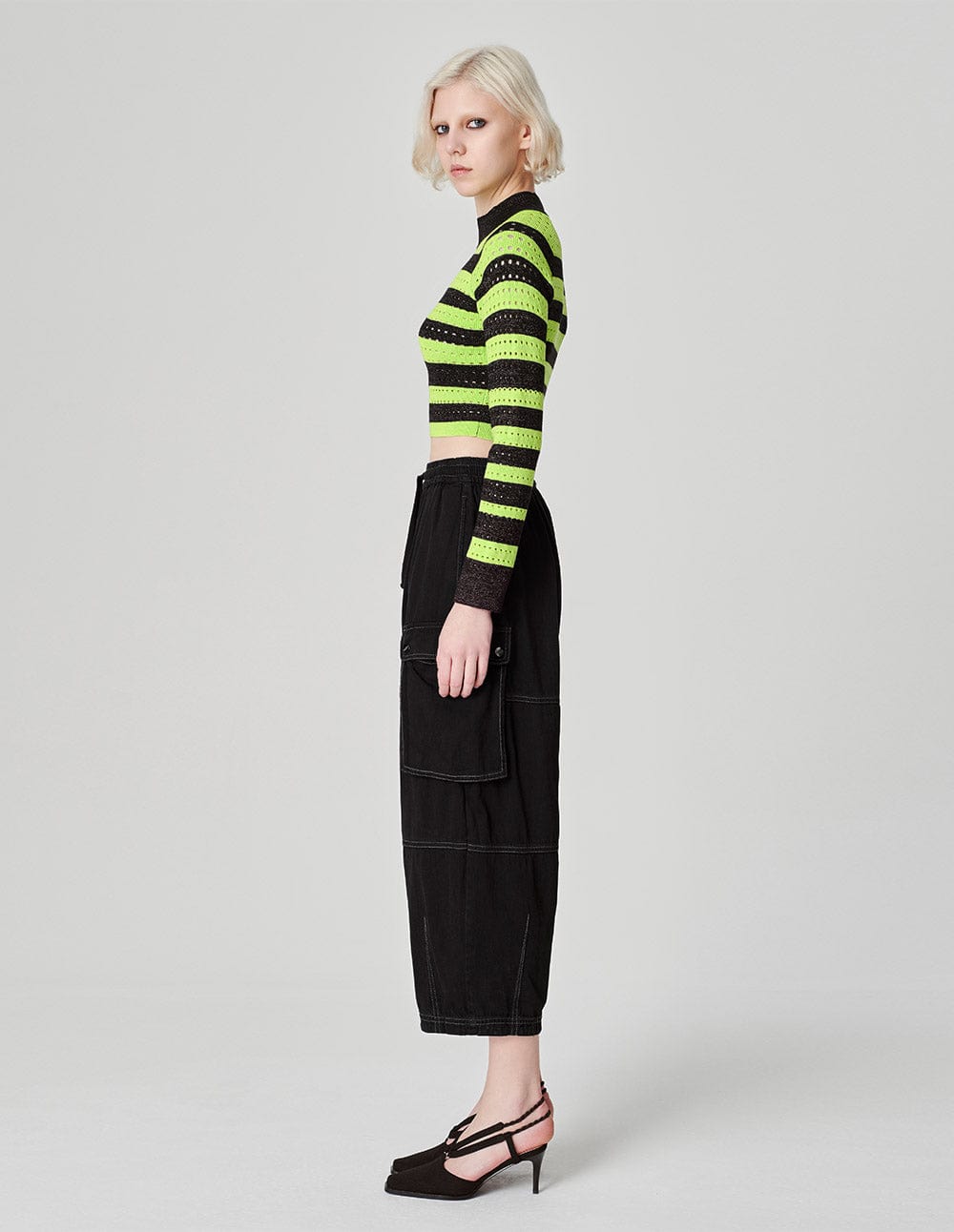 Women's Fluorescent Green Contrast Striped Sweater