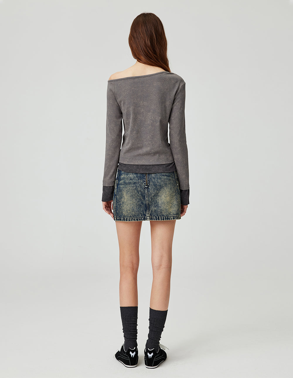 MF one-shoulder oblique elastic pleated lace-up gray top