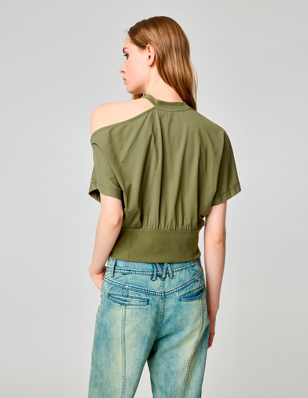 MF Halter Neck Slanted Shoulder Design Short-Sleeved T-Shirt