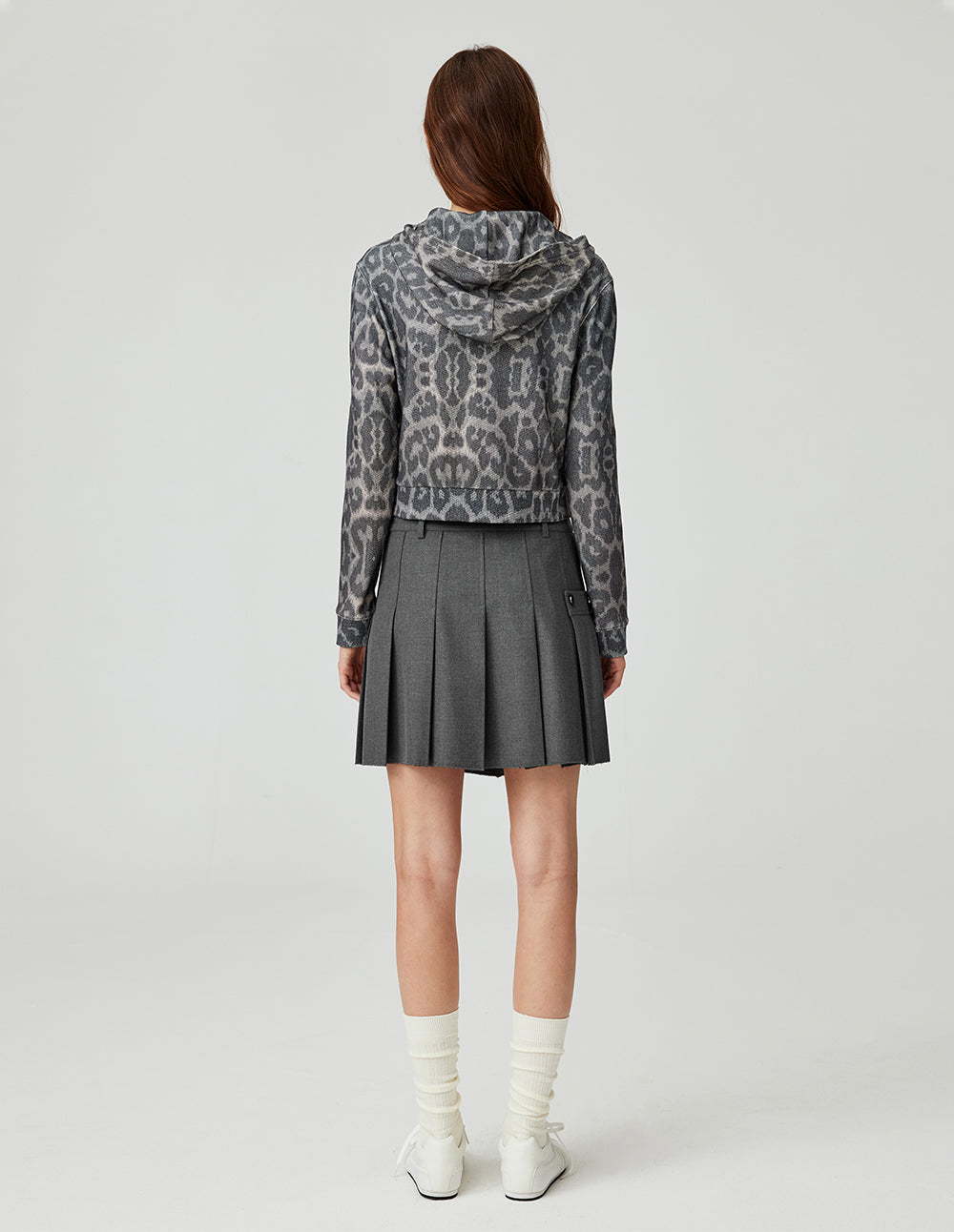 MF vintage grey leopard print hooded zip-up jacket