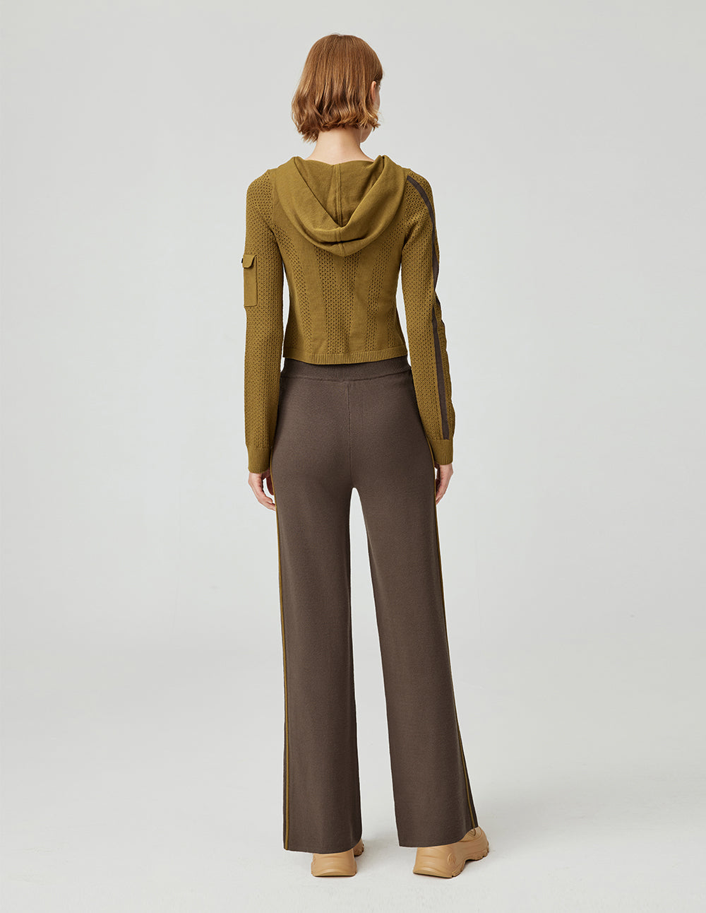 MF side stripe elastic waist tie straight-leg knit trousers