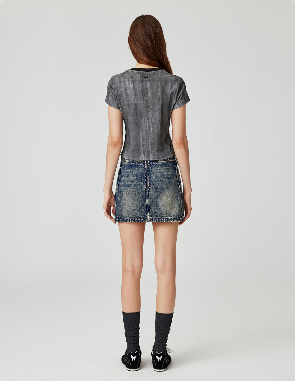 MF dark blue washed wide belt short A-line denim skirt