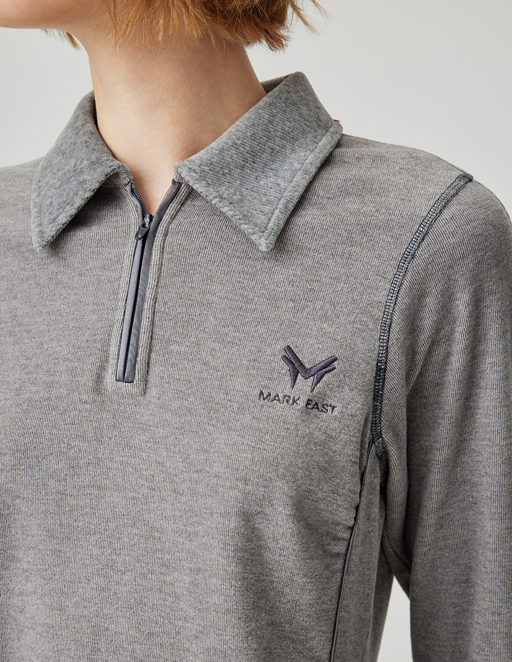 MF Collared Zipper Versatile Floral Gray Gathered Slim Waist Cropped Top