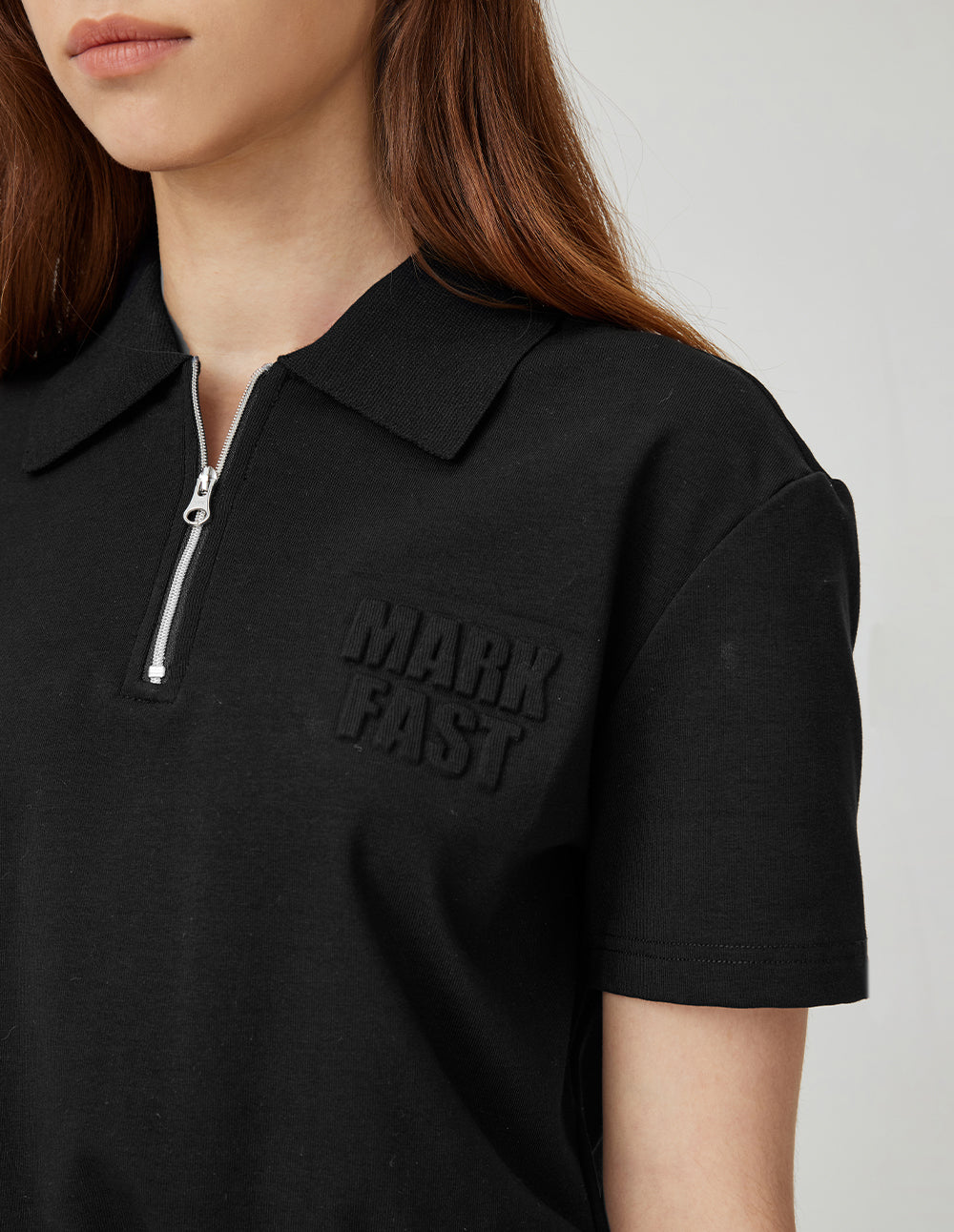 MF slim lapel zipper contrast color thread edge polo top