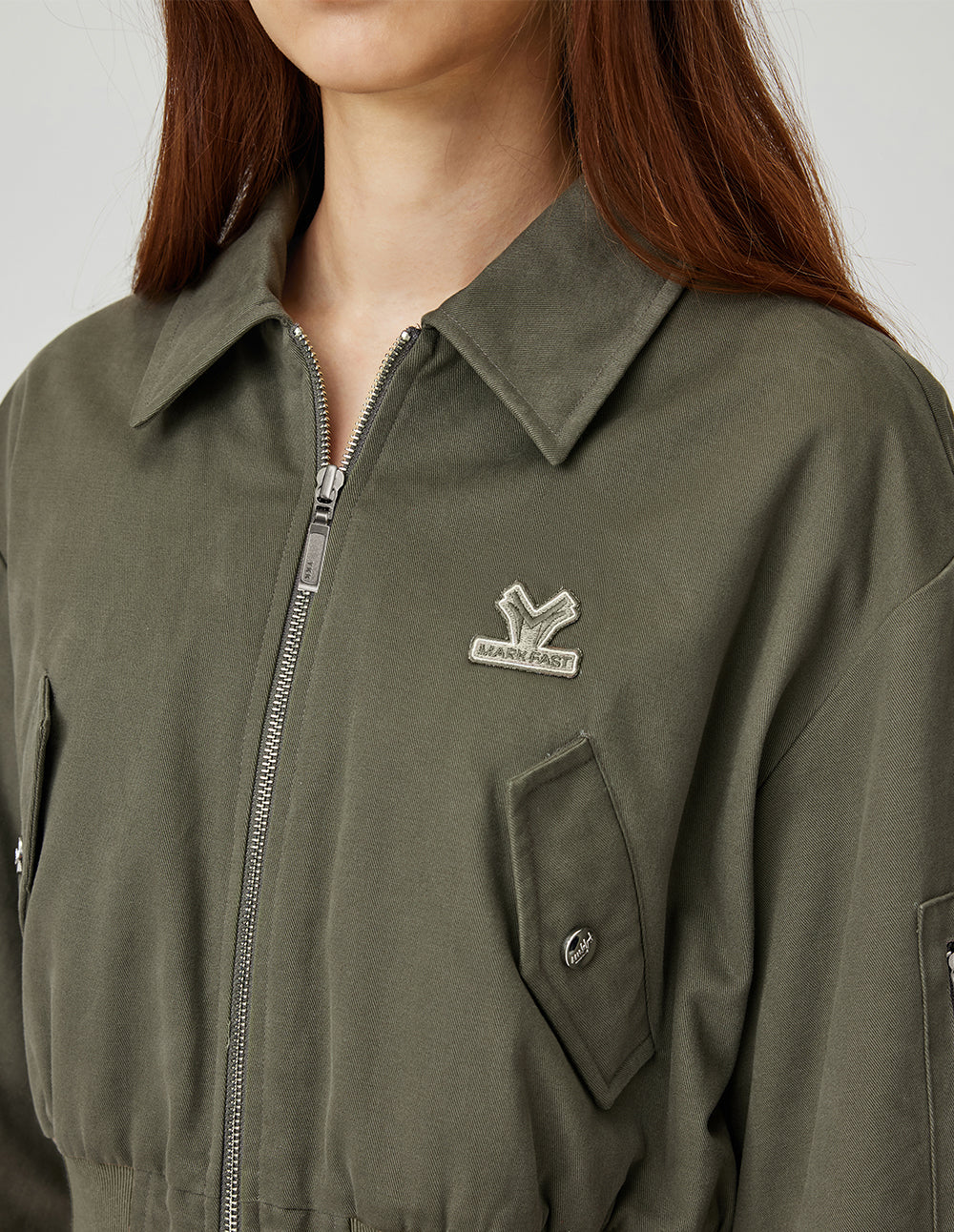 MF Retro Grey Olive Green Lapel Flight Jacket Short Cotton Jacket