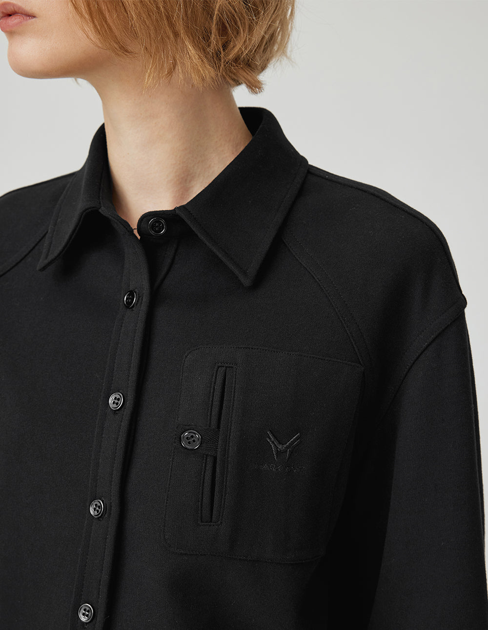 MF versatile collared high-waisted H-line cotton black shirt