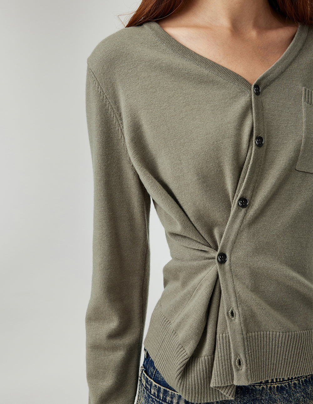MF versatile loose light gray khaki V-neck knitted cardigan
