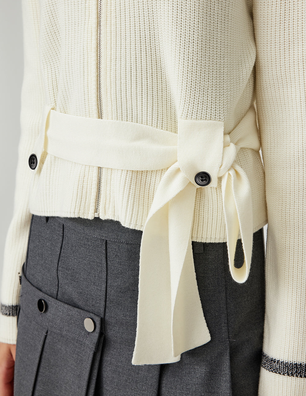 MF Ribbed Stand Collar White Tie-Waist Cardigan